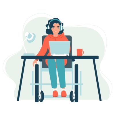 Disabled Person in Wheelchair Working on Computer Desk in Home Office. Handicapped Business Character at Workplace. Disability Concept. Flat Cartoon Vector Illustration.